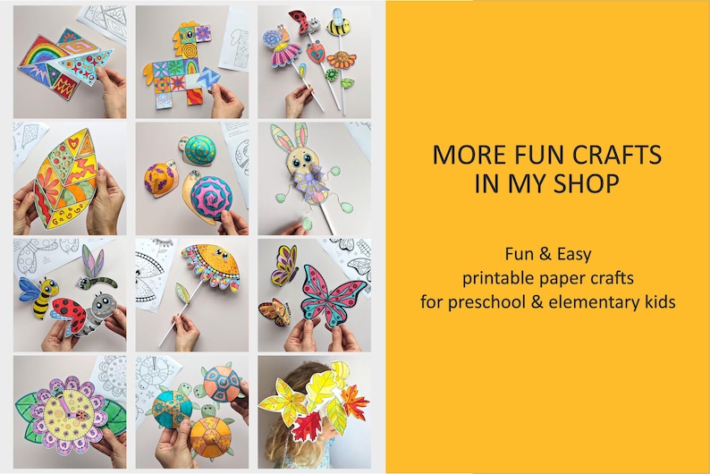 Op de afbeelding: Een verzameling kleurrijke printbare papieren knutselwerkjes met dieren, insecten, bloemen en bladeren, met tekst op een gele achtergrond MORE FUN CRAFTS IN MY SHOP, Fun & Easy printable paper crafts for preschool & elementary kids.