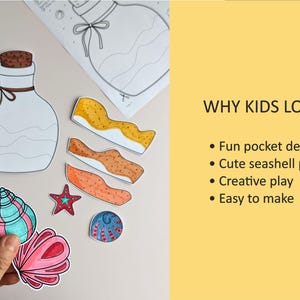 May include: A collection of colorful seashell cutouts, a bottle outline, and a starfish are displayed. The text "WHY KIDS LOVE IT" is visible, along with bullet points describing the product's features.