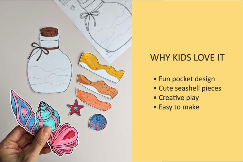 May include: A collection of colorful seashell cutouts, a bottle outline, and a starfish are displayed. The text "WHY KIDS LOVE IT" is visible, along with bullet points describing the product's features.