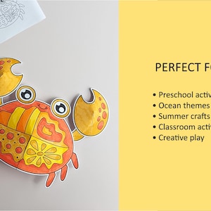 Op de afbeelding: Een papieren uitsnede van een krab met een gesegmenteerd schild met oranje, gele en rode patronen, grote ogen en twee scharen. De tekst rechts luidt: PERFECT FOR Preschool activities, Ocean themes, Summer crafts, Classroom activities, Creative play.