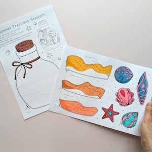 May include: Two sheets of paper with seashell-themed illustrations. One sheet features a large bottle with a cork and bow, and the text "Summer Treasures: Seashells." The other sheet displays colorful seashell cutouts.