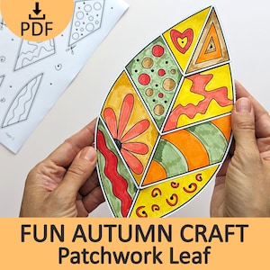 Puede incluir: Una manualidad de papel en forma de hoja colorida con un diseño de patchwork que presenta varios patrones geométricos y orgánicos en tonos rojos, naranjas, amarillos y verdes. Se ve una plantilla imprimible en blanco y negro con un icono PDF.