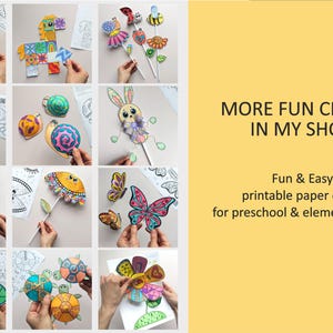 May include: A collage of colorful paper crafts, including animals, flowers, and geometric shapes. The image includes the text "MORE FUN CRAFTS IN MY SHOP" and "Fun & Easy printable paper crafts for preschool & elementary kids."