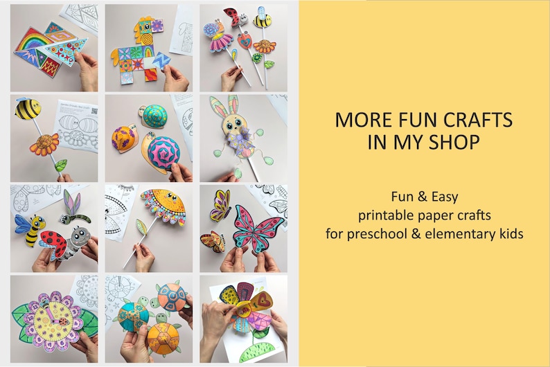May include: A collage of colorful paper crafts, including animals, flowers, and geometric shapes. The image includes the text "MORE FUN CRAFTS IN MY SHOP" and "Fun & Easy printable paper crafts for preschool & elementary kids."