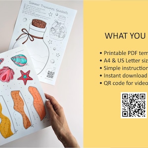 May include: Two printable sheets with seashell illustrations and the text "Summer Treasures: Seashells." One sheet features a bottle illustration. The other sheet has colorful seashell cutouts. The text "WHAT YOU GET" is on a yellow background.