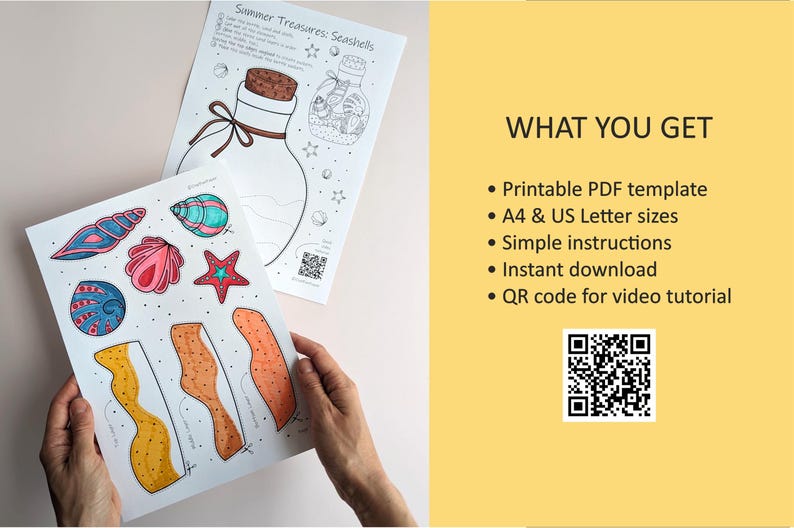 May include: Two printable sheets with seashell illustrations and the text "Summer Treasures: Seashells." One sheet features a bottle illustration. The other sheet has colorful seashell cutouts. The text "WHAT YOU GET" is on a yellow background.