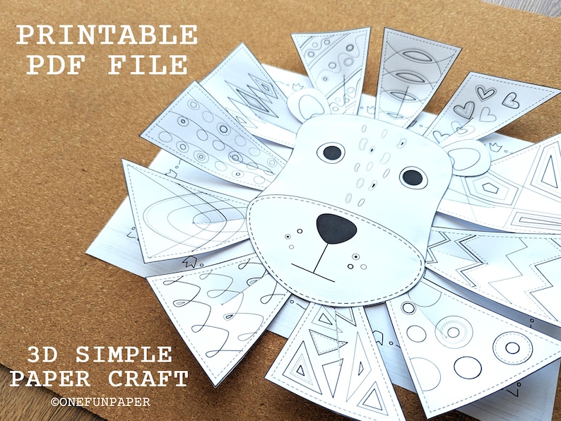 May include: A printable PDF file of a 3D simple paper craft lion. The lion's face is white with black eyes, nose, and mouth. The mane is made of white paper triangles with various black geometric designs. The text "PRINTABLE PDF FILE" and "3D SIMPLE PAPER CRAFT" are visible.
