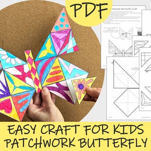Puede incluir: Un colorido trabajo manual de mariposa patchwork hecho de papel, sostenido por manos, con un fondo de corcho. La mariposa está compuesta por varias formas geométricas y patrones en colores vibrantes. Acompañando la manualidad hay instrucciones impresas etiquetadas como "PDF" y el texto "EASY CRAFT FOR KIDS PATCHWORK BUTTERFLY".