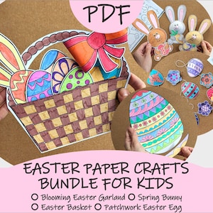 May include: A selection of colourful Easter paper crafts for children, featuring a basket with eggs, bunnies, and decorative eggs. The image includes the text "EASTER PAPER CRAFTS BUNDLE FOR KIDS".