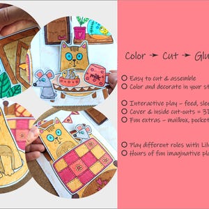May include: A colorful paper craft set featuring a cat theme. The set includes cut-out illustrations of a cat, mouse, and various accessories. The text "Color -> Cut -> Glue -> Play!" is visible, along with instructions for assembly and play.