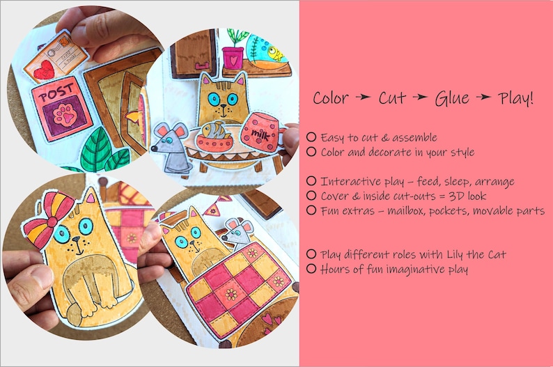 May include: A colorful paper craft set featuring a cat theme. The set includes cut-out illustrations of a cat, mouse, and various accessories. The text "Color -> Cut -> Glue -> Play!" is visible, along with instructions for assembly and play.