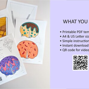 Op de afbeelding: Printbare ijsjessjabloon met kleurrijke illustraties. De afbeelding bevat een hoorntje, een stuk taart en een verscheidenheid aan ijsbolletjes. De tekst op de pagina luidt "Yummy Trio Ice Cream". De afbeelding bevat ook een QR-code en een lijst met wat je krijgt.