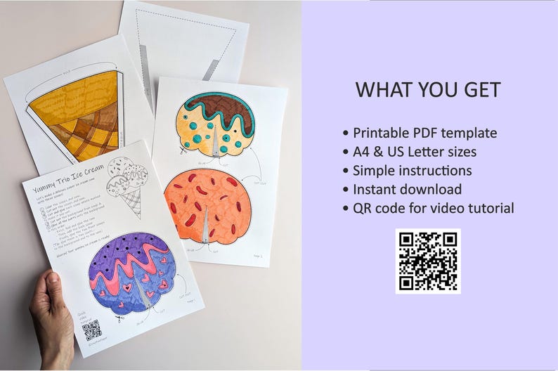 Op de afbeelding: Printbare ijsjessjabloon met kleurrijke illustraties. De afbeelding bevat een hoorntje, een stuk taart en een verscheidenheid aan ijsbolletjes. De tekst op de pagina luidt "Yummy Trio Ice Cream". De afbeelding bevat ook een QR-code en een lijst met wat je krijgt.
