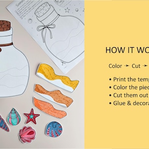 May include: A craft project featuring a white bottle template with a cork and bow, along with colorful seashell and starfish cutouts. Instructions read: Color, Cut, Glue. The image also includes the text: Print the template, Color the pieces, Cut them out, Glue & decorate.