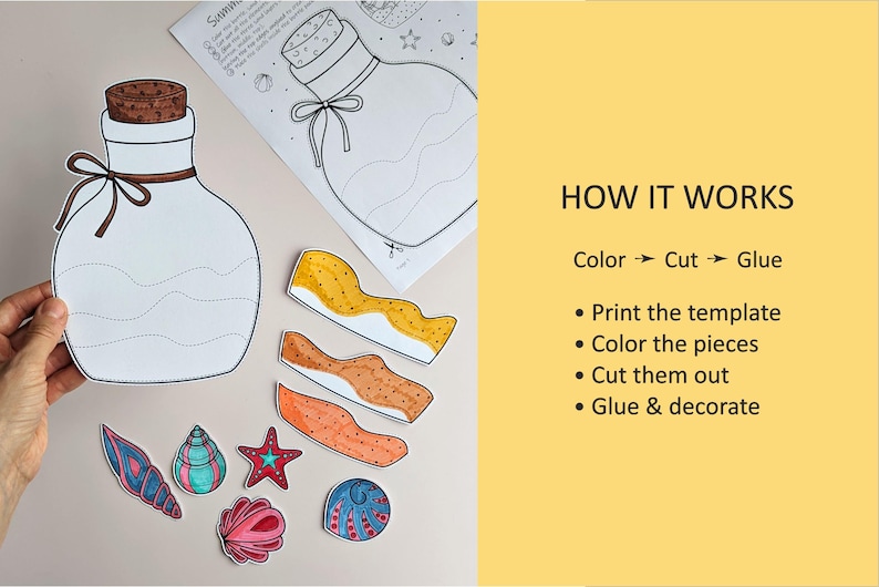May include: A craft project featuring a white bottle template with a cork and bow, along with colorful seashell and starfish cutouts. Instructions read: Color, Cut, Glue. The image also includes the text: Print the template, Color the pieces, Cut them out, Glue & decorate.