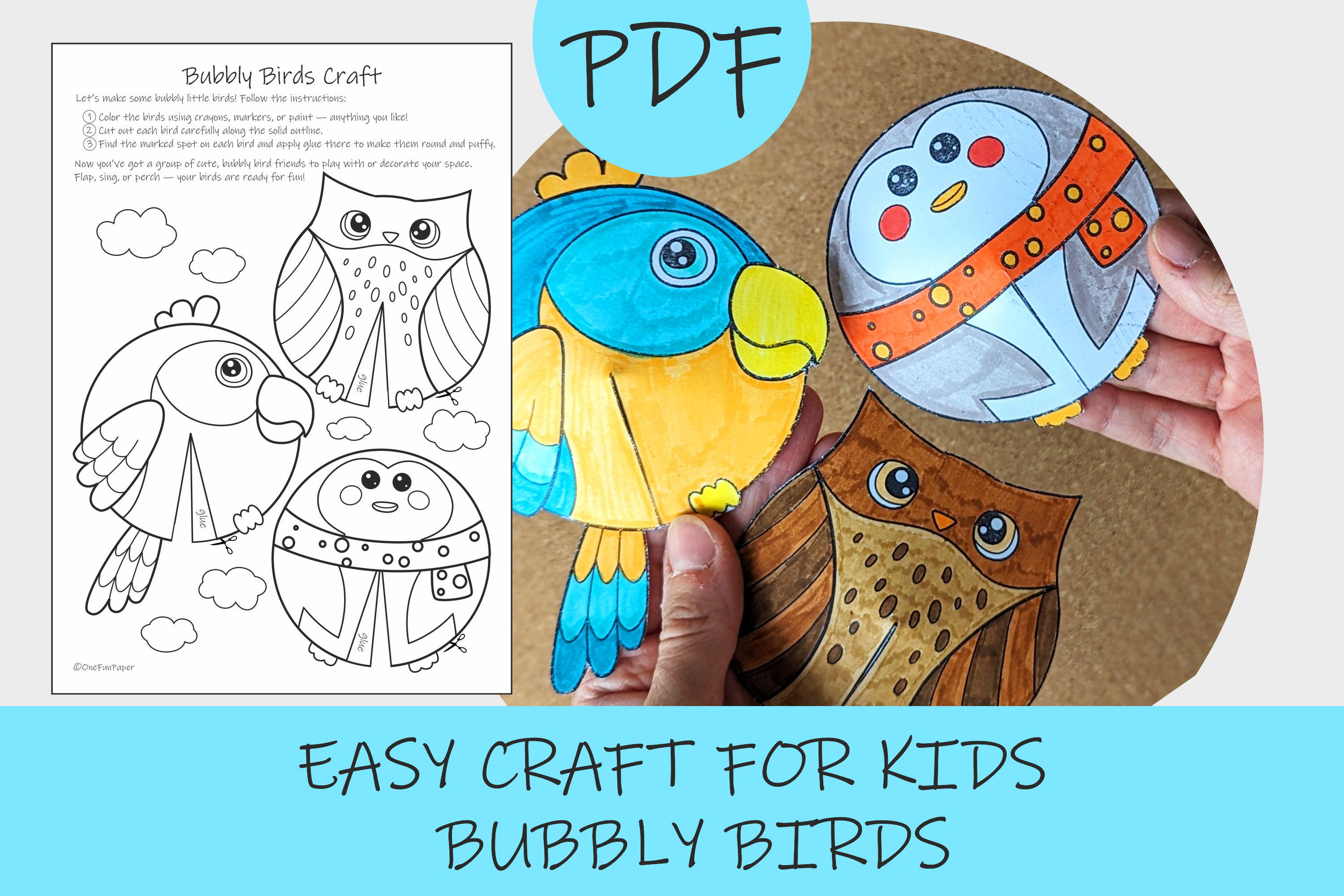 Bubbly Birds Craft: Penguin, Parrot and Owl Easy Paper Activity for Kids (PDF Download)