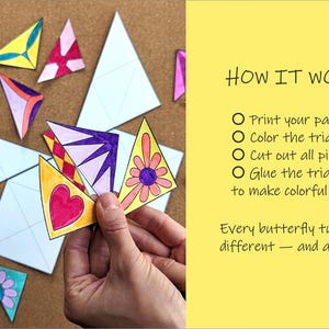May include: A collection of colorful, hand-drawn triangle shapes, some with patterns and designs, and some blank. The text "HOW IT WORKS" is displayed, along with instructions to print, color, cut, and glue the triangles to make butterfly wings.