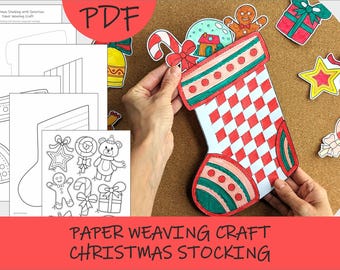 May include: A paper weaving craft Christmas stocking with red and white diamond pattern, held by hands. The stocking is decorated with candy cane, gingerbread man, and gift cutouts. The image also shows PDF templates with Christmas-themed designs.