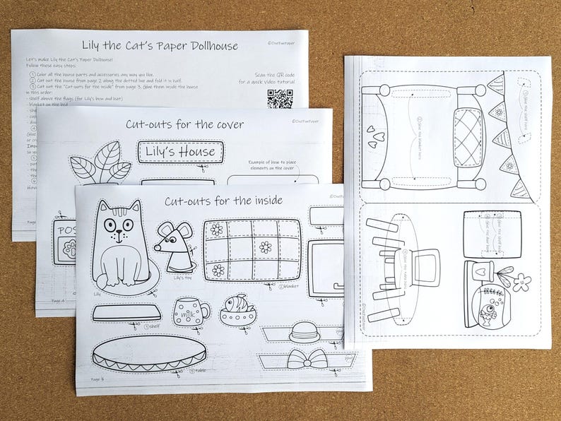 May include: Paper dollhouse kit with instructions and cut-out sheets. The sheets feature line drawings of a cat, mouse, furniture, and the text "Lily's House". The kit includes a QR code for video instructions.