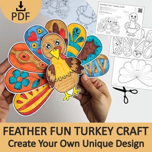 May include: A paper turkey craft with colorful, patterned feathers in shades of blue, orange, yellow, and brown. The set includes printable templates for the turkey body and individual feather shapes, along with a pair of black scissors.