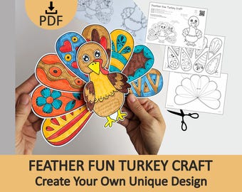 May include: A paper turkey craft with colorful, patterned feathers in shades of blue, orange, yellow, and brown. The set includes printable templates for the turkey body and individual feather shapes, along with a pair of black scissors.
