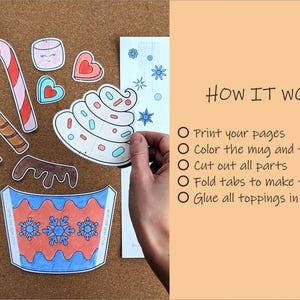 Peut inclure: Ensemble de d&eacute;coupes de papier illustr&eacute;es pour un projet de bricolage. Comprend une tasse, des guimauves, une canne en bonbon, du chocolat et de la cr&egrave;me fouett&eacute;e. Le texte "HOW IT WORKS" et les instructions sont visibles.