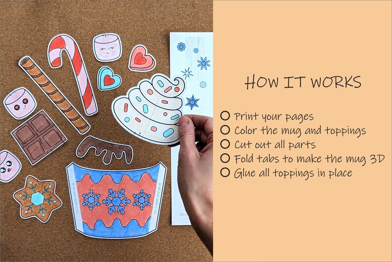 Peut inclure: Ensemble de d&eacute;coupes de papier illustr&eacute;es pour un projet de bricolage. Comprend une tasse, des guimauves, une canne en bonbon, du chocolat et de la cr&egrave;me fouett&eacute;e. Le texte "HOW IT WORKS" et les instructions sont visibles.