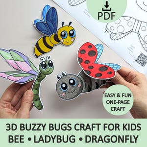 Artesanato de papel com insetos em 3D (abelha, joaninha, libélula): atividade de primavera de uma página para crianças (PDF para imprimir)
