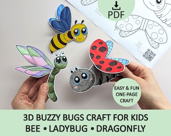 3D Bug Paper Craft (Bee, Ladybug, Dragonfly): One-Page Spring Activity for Kids (Printable PDF)