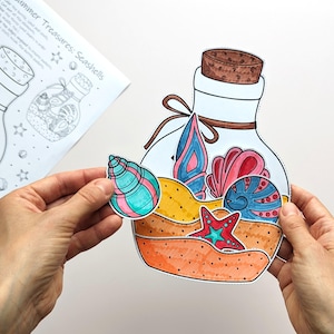 May include: A colorful illustration of a glass bottle filled with seashells, a starfish, and sand. The bottle has a cork stopper and a brown ribbon tied around the neck. A separate seashell sticker is held nearby. The text "Summer Treasures: Seashells" is visible.