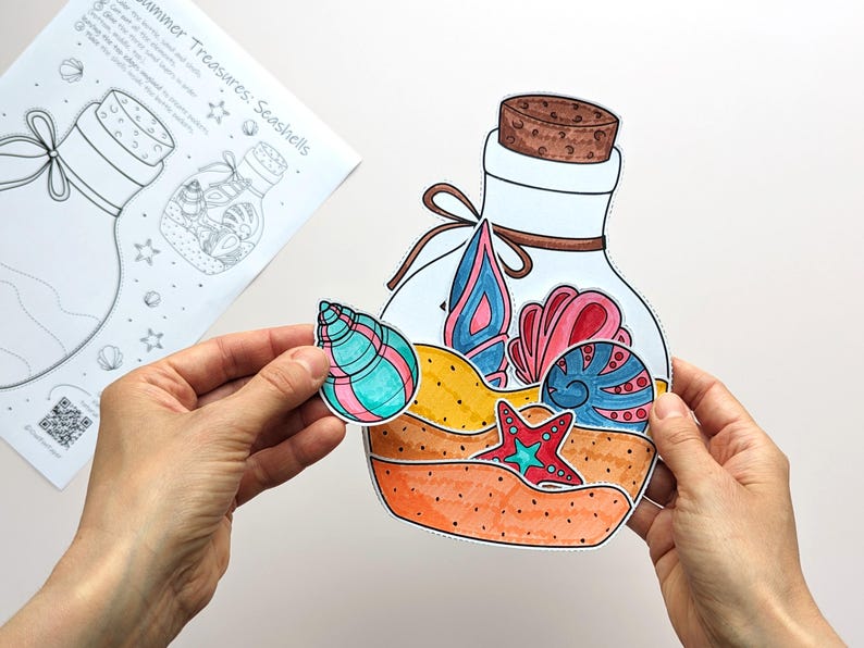 May include: A colorful illustration of a glass bottle filled with seashells, a starfish, and sand. The bottle has a cork stopper and a brown ribbon tied around the neck. A separate seashell sticker is held nearby. The text "Summer Treasures: Seashells" is visible.