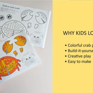 Op de afbeelding: Twee Build-a-Crab knutselvellen met zwart-witte lijntekeningen en een gekleurde versie met oranje en gele krablichaamsdelen, ogen en scharen. De tekst luidt Build-a-Crab Craft, WHY KIDS LOVE IT, Colorful crab pieces, Build-it-yourself fun, Creative play en Easy to make.