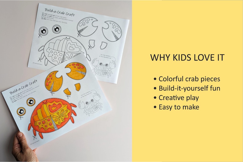 Op de afbeelding: Twee Build-a-Crab knutselvellen met zwart-witte lijntekeningen en een gekleurde versie met oranje en gele krablichaamsdelen, ogen en scharen. De tekst luidt Build-a-Crab Craft, WHY KIDS LOVE IT, Colorful crab pieces, Build-it-yourself fun, Creative play en Easy to make.