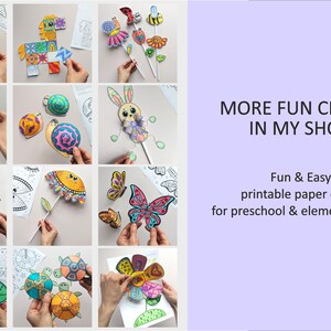 Op de afbeelding: Een verzameling kleurrijke, printbare papieren knutselwerkjes voor kinderen, waaronder een regenboog, een lama, bijen, vlinders en meer. De afbeelding bevat de tekst "MORE FUN CRAFTS IN MY SHOP" en "Fun & Easy printable paper crafts for preschool & elementary kids."