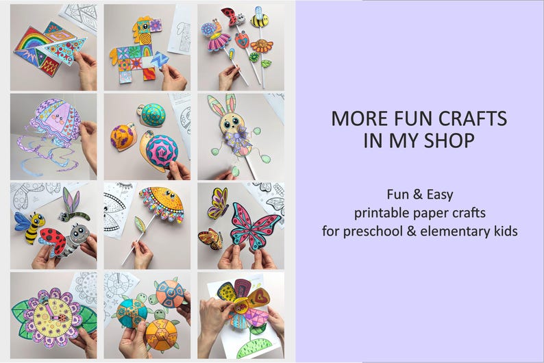 Op de afbeelding: Een verzameling kleurrijke, printbare papieren knutselwerkjes voor kinderen, waaronder een regenboog, een lama, bijen, vlinders en meer. De afbeelding bevat de tekst "MORE FUN CRAFTS IN MY SHOP" en "Fun & Easy printable paper crafts for preschool & elementary kids."