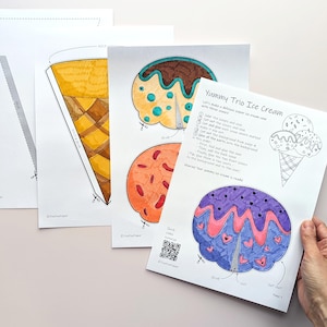 Op de afbeelding: Een verzameling afdrukbare sjablonen voor ijshoorntjes en ijsbollen. De sjablonen zijn met de hand getekend en gekleurd met aquarelverf. E&eacute;n vel heeft de tekst "Yummy Trio Ice Cream" met instructies en een QR-code.