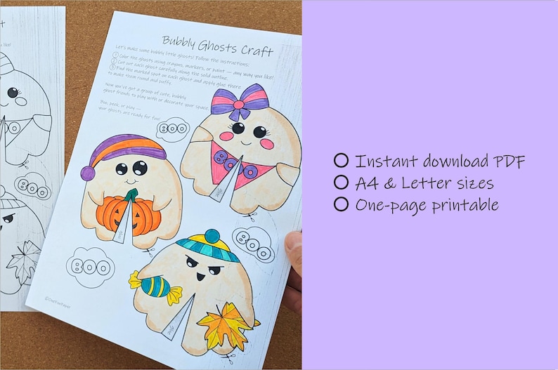 May include: A printable Halloween craft sheet titled "Bubbly Ghosts Craft" featuring three cartoon ghosts with accessories like a pumpkin, bow, and hat. The sheet includes the word "BOO" and is available in A4 and Letter sizes.