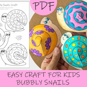 Op de afbeelding: Een knutselactiviteit voor kinderen met kleurrijke slakken. De afbeelding toont een afdrukbare PDF met instructies en voorbeelden van afgewerkte slakken. De slakken hebben spiraalvormige schelpen met verschillende patronen en kleuren. De tekst luidt "Easy Craft for Kids Bubbly Snails."
