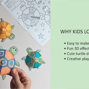 Op de afbeelding: Handgemaakte schildpaddenknutselwerkjes met een 3D-effect. De afbeelding toont drie afgewerkte schildpadden in oranje, blauw en turquoise, samen met een kleurplaat. Tekst rechts zegt "WHY KIDS LOVE IT".