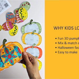 Op de afbeelding: Een set papieren knutselpatronen met kleurrijke pompoen- en eivormen met diverse patronen. De tekst aan de rechterkant luidt WHY KIDS LOVE IT, Fun 3D pumpkins, Mix & match designs, Halloween face option en Easy to make.