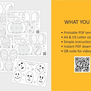 Op de afbeelding: Een Puffy Pumpkins Craft printbare PDF-sjabloonset met zwart-witte lijntekeningen van pompoenen en decoratieve ovalen. Het gele paneel vermeldt: WHAT YOU GET, Printable PDF template, A4 & US Letter sizes, Simple instructions, Instant PDF download en een QR-code.