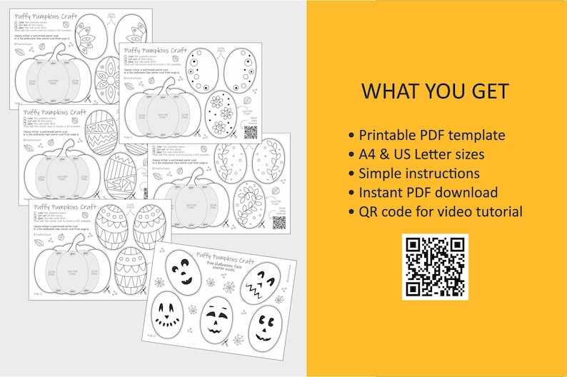 Op de afbeelding: Een Puffy Pumpkins Craft printbare PDF-sjabloonset met zwart-witte lijntekeningen van pompoenen en decoratieve ovalen. Het gele paneel vermeldt: WHAT YOU GET, Printable PDF template, A4 & US Letter sizes, Simple instructions, Instant PDF download en een QR-code.