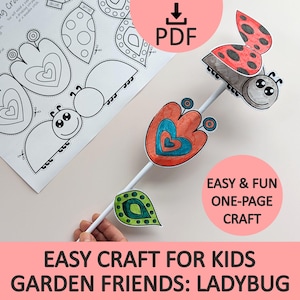 May include: A craft project with a ladybug theme. The image displays a finished ladybug on a stick, alongside a printable sheet with ladybug and flower outlines. Text includes "Easy Craft for Kids" and "Garden Friends: Ladybug".