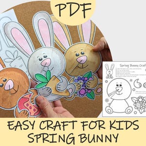 May include: A colorful spring bunny craft for kids, featuring three cartoon bunnies holding a carrot, grapes, and an Easter egg. The image includes a PDF icon and the text "Easy Craft for Kids Spring Bunny".