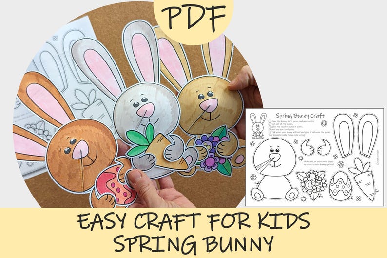 May include: A colorful spring bunny craft for kids, featuring three cartoon bunnies holding a carrot, grapes, and an Easter egg. The image includes a PDF icon and the text "Easy Craft for Kids Spring Bunny".