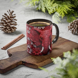 3D Red Elephant Flowers Mug - 3D Elephant Mug Wrap, 3D White Flowers Mug - Floral Mug - 11oz Ceramic Mug - Animal Lovers Gift - Gift for Her