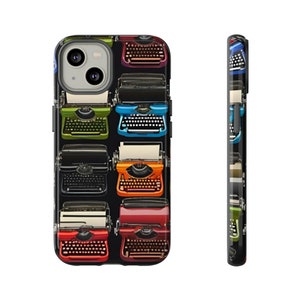 Retro Typewriters Phone Case - Retro Tech Typewriter - Vintage Seamless Pattern for iPhone 13, and Samsung Galaxy S21, S22 models.