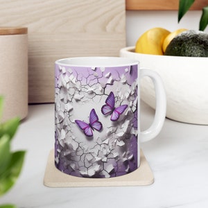 3D Crack In A Wall Purple Butterfly Mug - 3d purple butterflies Mug - 11oz Ceramic Coffee Mug - Butterflies Lover Coffee Mug - Gift for Her