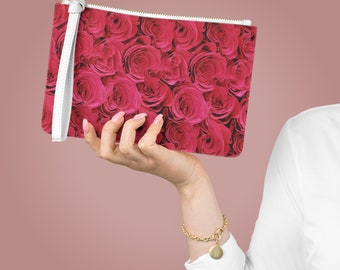 Magenta Pink Rose Print Clutch Bag