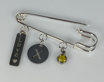 Broche épingle à nourrice personnalisée avec lettre et pierre de naissance Acier inoxydable